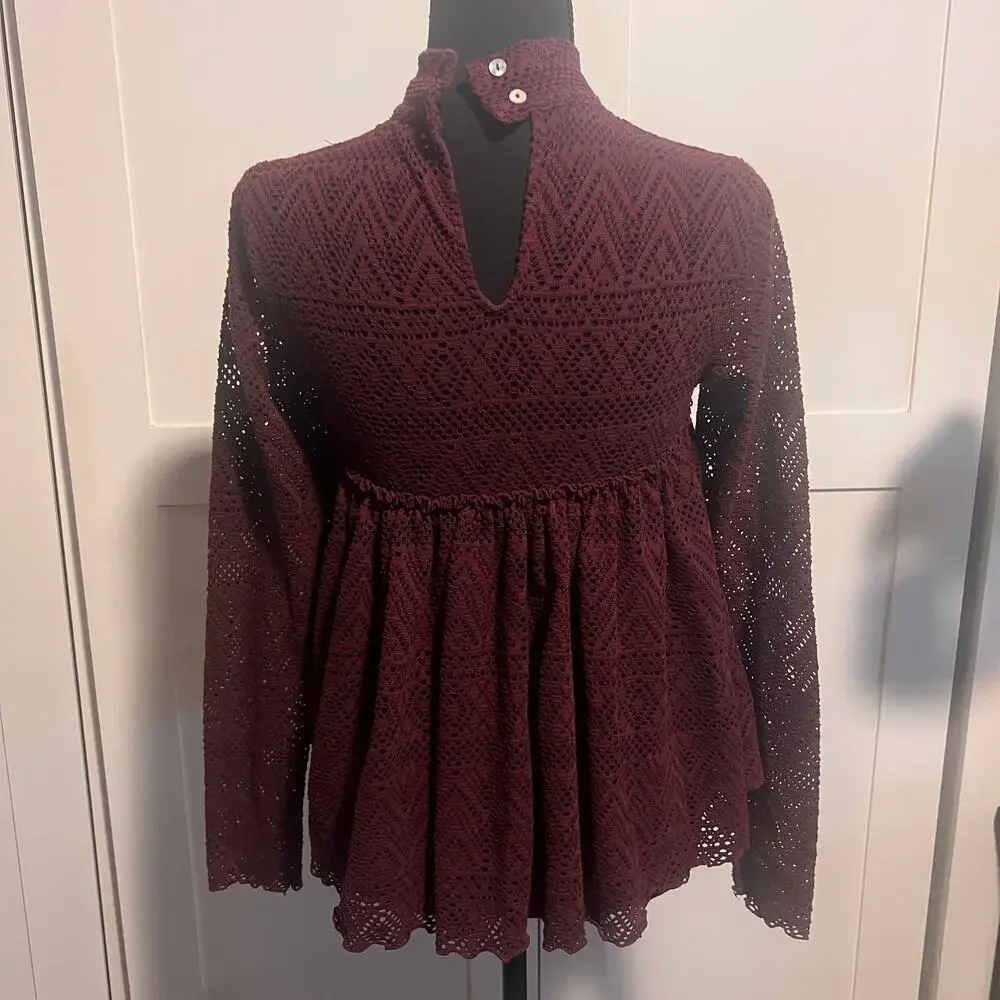 Free People Beach About Time Top Burgundy Lace Tunic Top Small